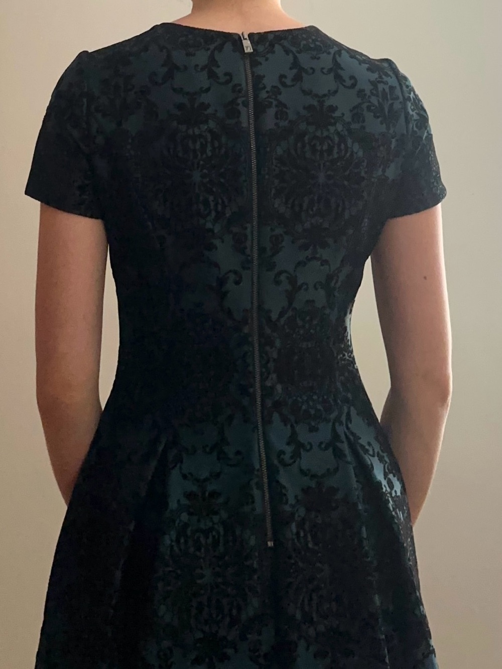 Vince Camuto Black and Teal Velvet-Patterned Fit & Flare Dress